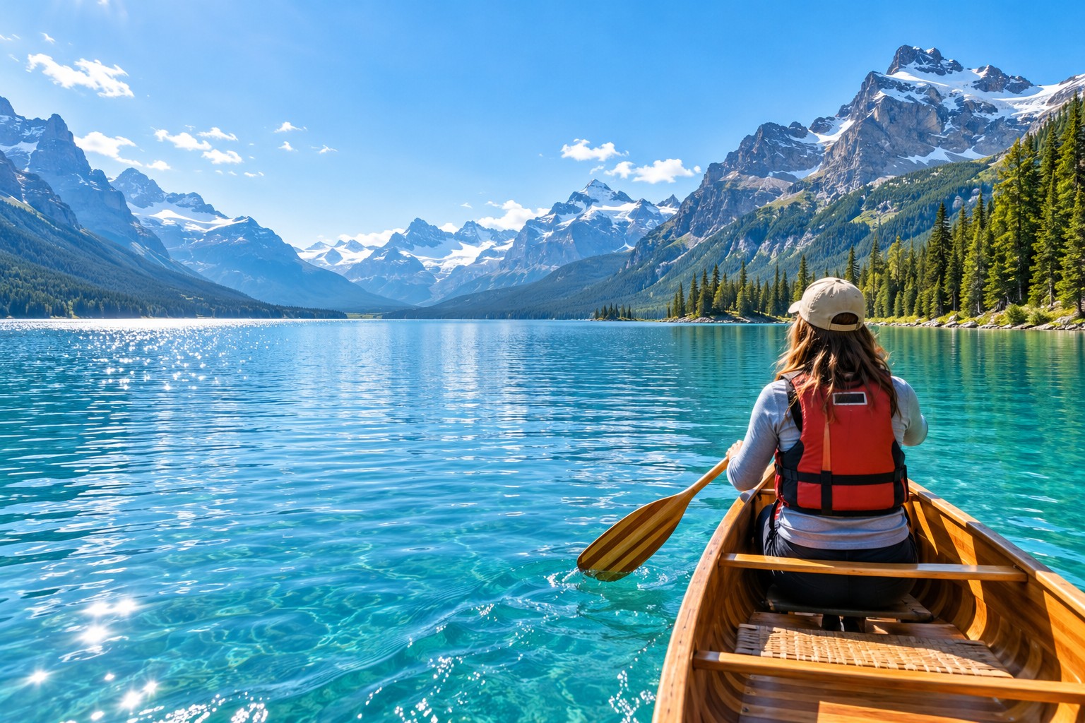 A paddler exploring a bright turquoise lake beneath sunlit mountains